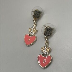 Juicy Couture Pink Heart Crown Drop Earrings Y2K Gold Tone